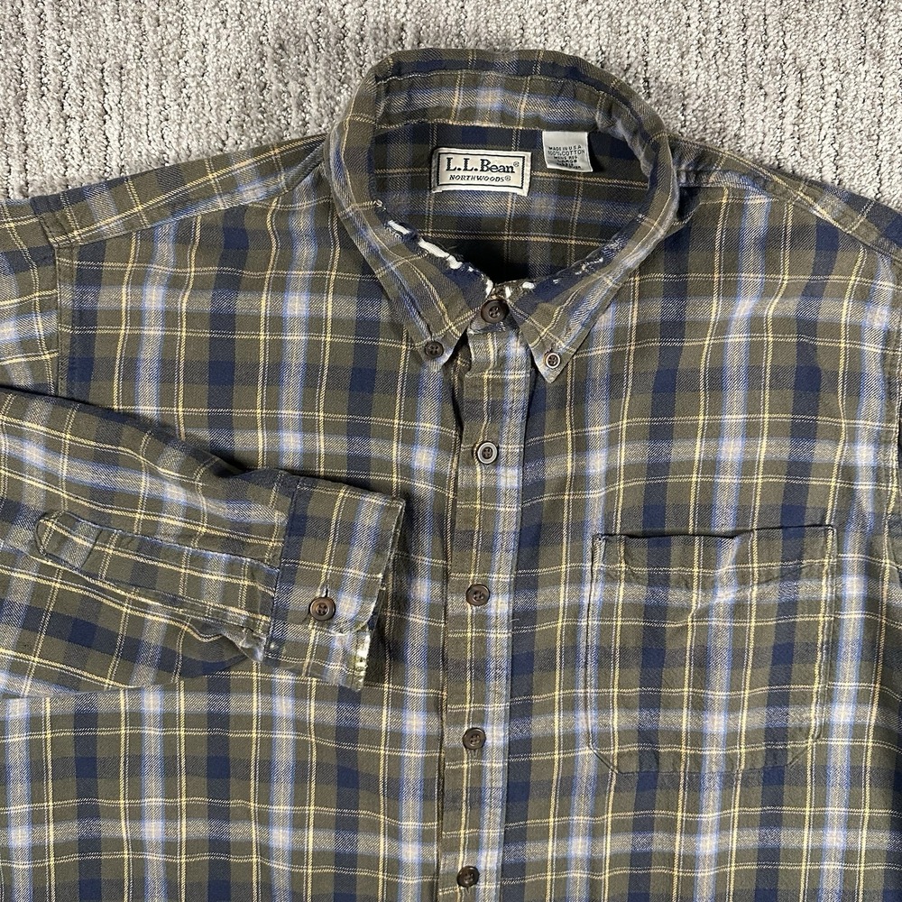 VTG 90s LL Bean Flannel Button Down Shirt Cotton Plaid Tartan L USA Distressed
